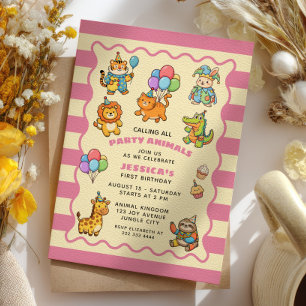 Convite Animais de Festa Bebê Menina Rosa Festa de Primeir