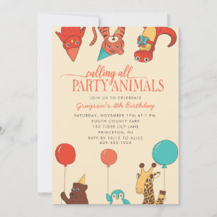 Convite Animais de Festa com Balões Aniversário Personaliz