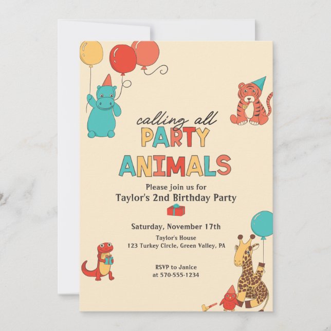 Convite Animais de Festa com Balões Cores Retrô Aniversári (Frente)
