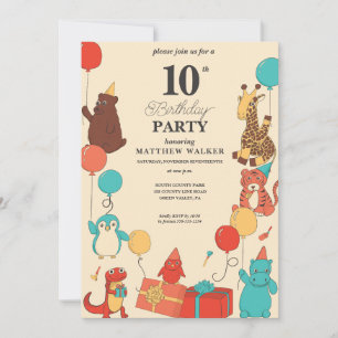 Convite Animais de Festa com Chapéus e Balões Aniversário
