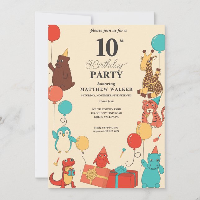 Convite Animais de Festa com Chapéus e Balões Aniversário  (Frente)