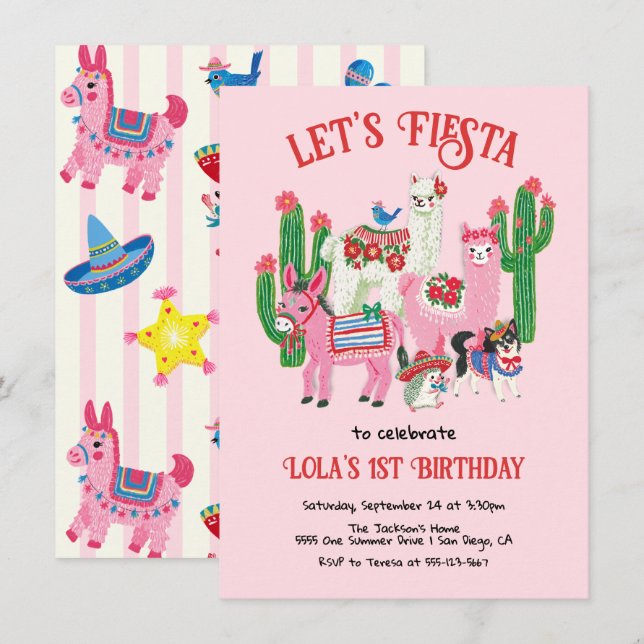 Convite Animais de Festa de Aniversário Mexicana (Frente/Verso)