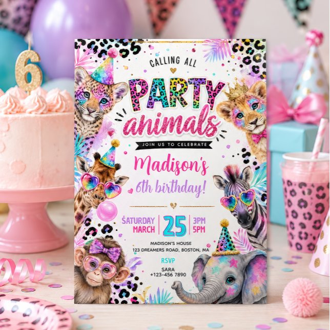 Convite Animais de Festa de Aniversário Neon  (Criador carregado)