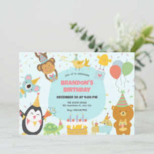 Convite Animais de festa fofos