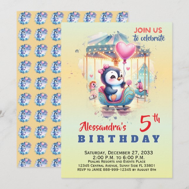 Convite Animais de Festa Fofos Pinguim Aquarela (Frente/Verso)