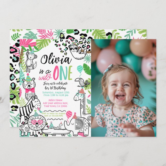 Convite Animais de Festa, Jungle Safari 1º Aniversário (Frente/Verso)