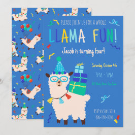 Convite Animais de Festa Llama Aniversário Meninos Azul