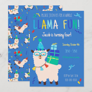 Convite Animais de Festa Llama Aniversário Meninos Azul