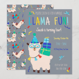 Convite Animais de Festa Llama Aniversário Meninos Cinza