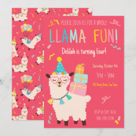 Convite Animais de Festa Llama Garotas de Aniversário Rosa