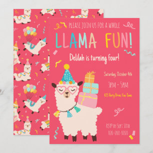 Convite Animais de Festa Llama Garotas de Aniversário Rosa