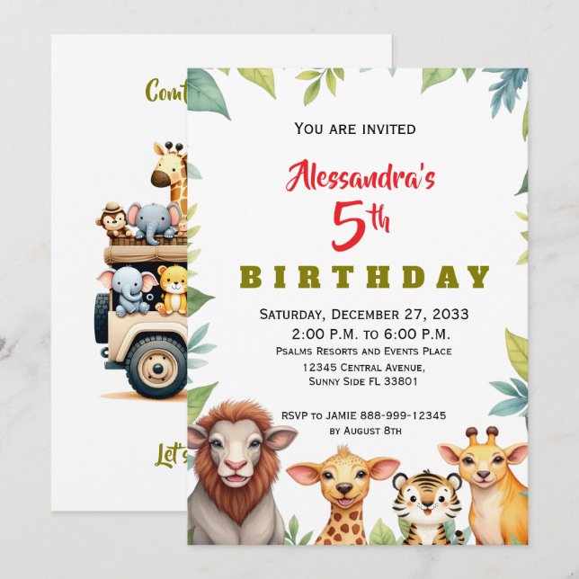Convite Animais de Festa Modernos Safari da Selva (Frente/Verso)