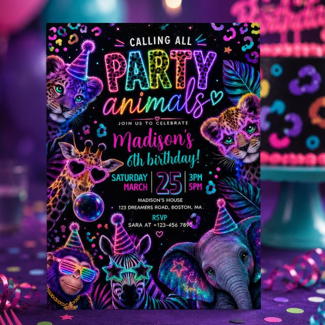 Convite Animais de Festa Neon Aniversário  (Criador carregado)