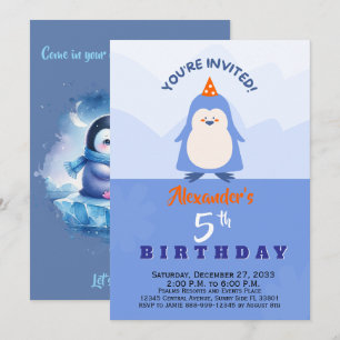 Convite Animais de Festa Penguins Aquarela Azul Moderna