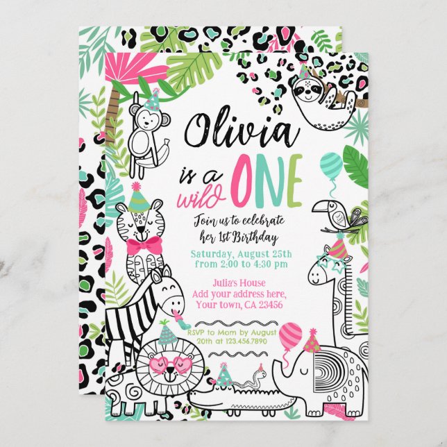 Convite Animais de festa, primeiro aniversario Safari Selv (Frente/Verso)