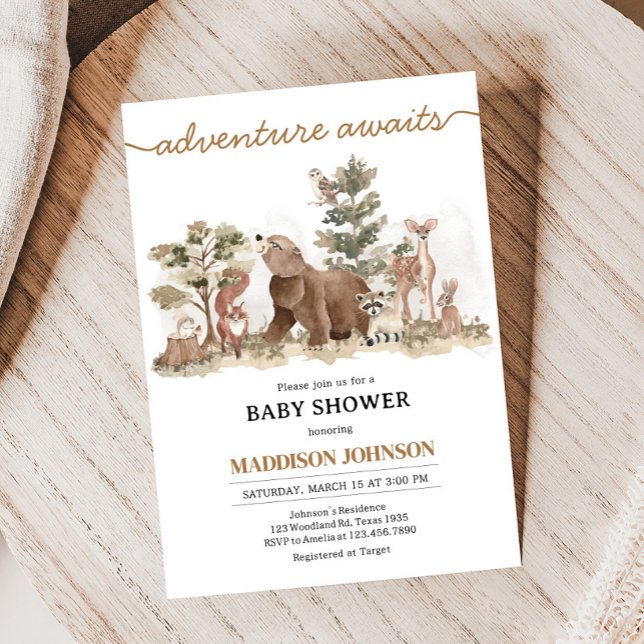 Convite Animais De Floresta Aguarda Chá de fraldas (Adventure Awaits Woodland Animals Baby Shower Invitation)