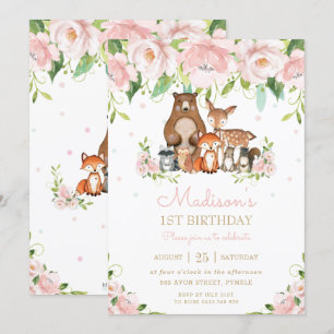 Convite Animais De Floresta Blush primeiro aniversario Flo