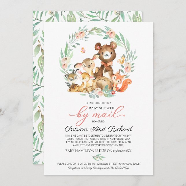 Convite Animais De Floresta Caçada, Chá de fraldas Verde P (Frente/Verso)