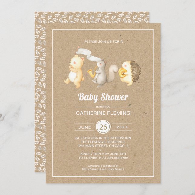 Convite Animais de Floresta Doce Chá de fraldas de Papel K (Frente/Verso)