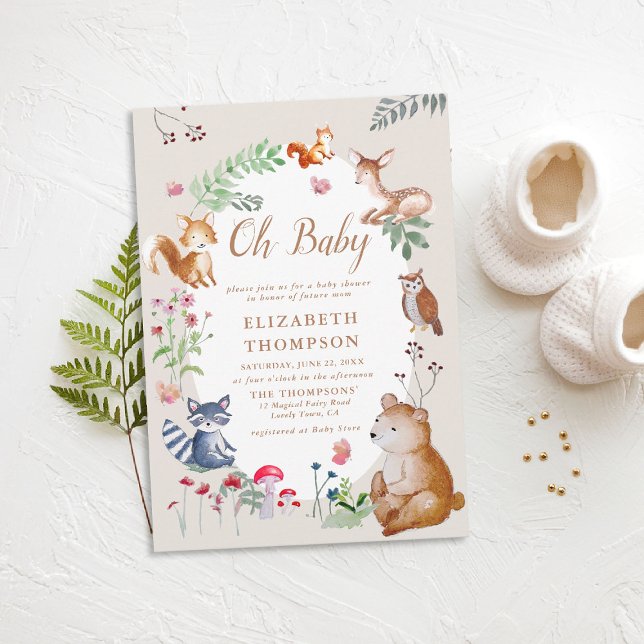 Convite Animais de Floresta Encantados Chá de fraldas Mági (woodland baby shower invitation enchanted woods forest bear fox deer wildflowers  magic)