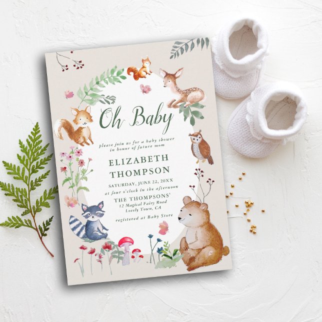 Convite Animais de Floresta Encantados de Florestas Chás d (woodland baby shower invitation enchanted woods forest bear fox deer wildflowers mushrooms magic)