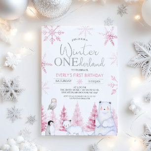 Convite Animais de Inverno Rosa Prata Onederland Aniversár