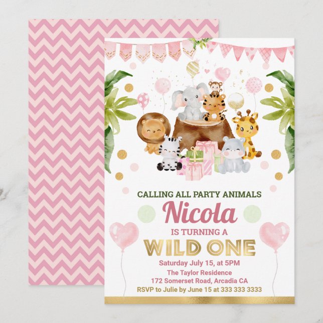 Convite Animais de Safari da Selva em Aquarela Aniversário (Frente/Verso)