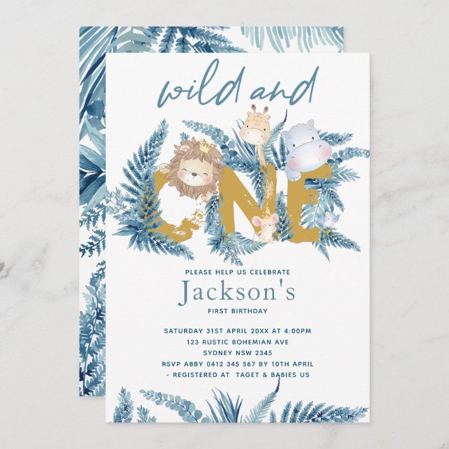 Convite Animais de Safari Exóticos Primeiro Aniversário (Frente/Verso)