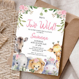 Convite Animais de Safari Florais Rosa para 2º Aniversário