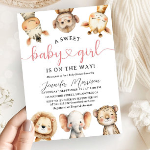 Convite Animais de Safari Menina Chuvada de Bebê Tropical