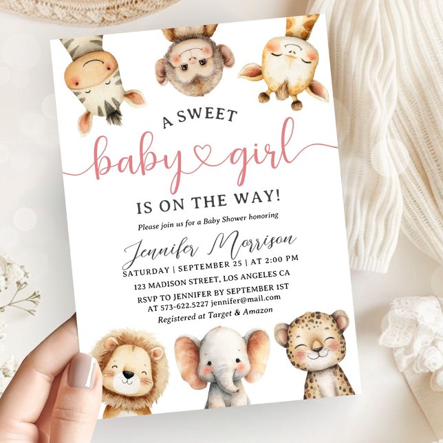 Convite Animais de Safari Menina Chuvada de Bebê Tropical  (Criador carregado)