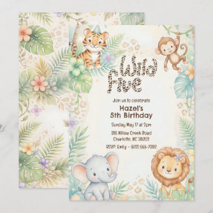 Convite Animais de Safari na Selva Cinco 5º Aniversário 