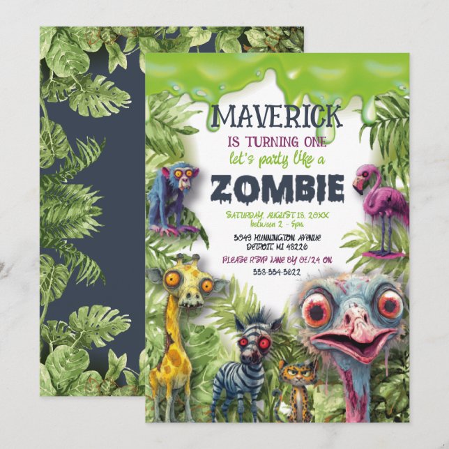 Convite Animais de Safari Zumbis Aniversário (Frente/Verso)
