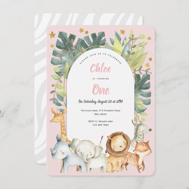 Convite Animais de selva rosa, primeiro aniversario de men (Frente/Verso)