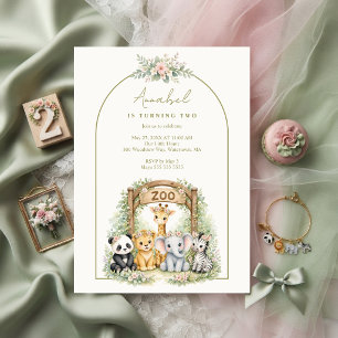 Convite Animais de Zoológico Bebê Fofo Verde Floral Aniver