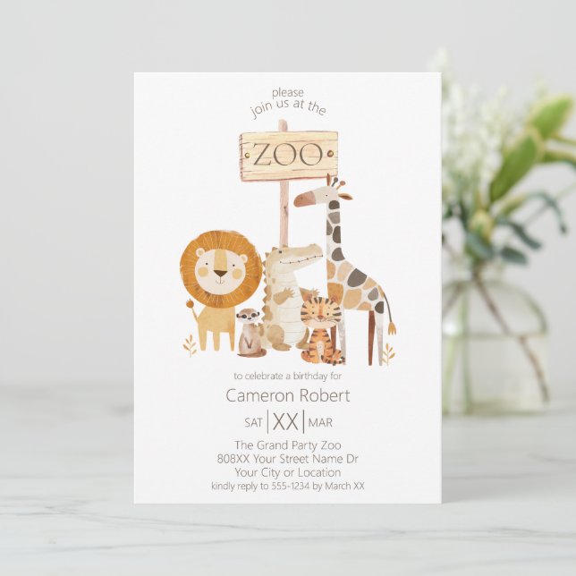 Convite Animais de Zoológico Bebês Fofos (Em pé/Frente)