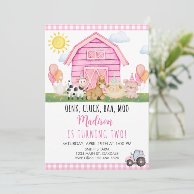 Convite Animais do Celeiro Rosa com Chapéus de Festa Anive (Em pé/Frente)