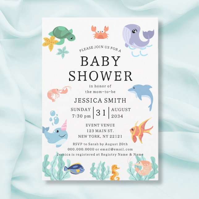 Convite Animais do mar Gênero Chá de fraldas neutro (Sea Animals Gender Neutral Baby Shower Invitation
)