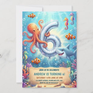 Convite Animais do Oceano 6º Aniversário Debaixo do Mar