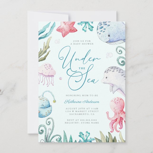 Convite Animais Do Oceano Sob O Chá de fraldas Do Menino D (Frente)