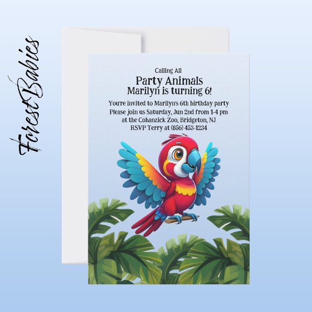 Convite Animais do Partido Papagaio da Selva Tropical Safa (Macaw Parrot 🌴 Tropical Bird ForestBabies Customizable Birthday Party Animal Invitation)