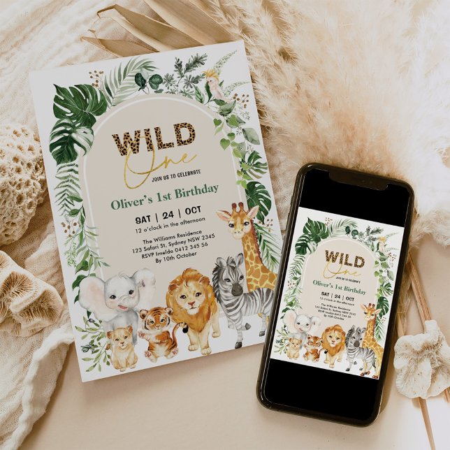 Convite Animais do Partido Safari Tropical Selvagens Um An (Criador carregado)