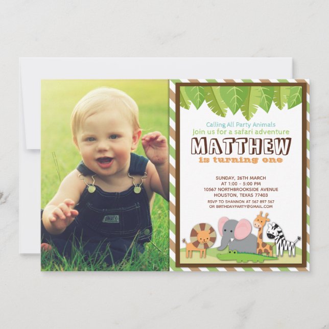 Convite Animais do Partido Selgle Safari Foto de Aniversár (Frente)