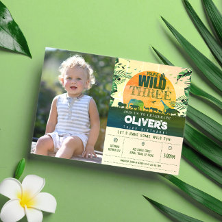 Convite Animais do Safari Verde Jovens Selvagens & 3 Foto