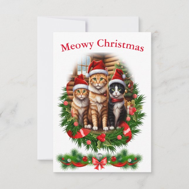 Convite Animais Feliz Natal férias Gatos (Frente)