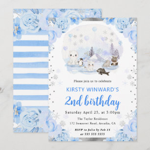 Convite Animais Florais Árticos em Aquarela para 2º Aniver