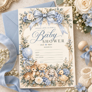 Convite Animais Florais da Floresta Azul Vintage Bebê Hera