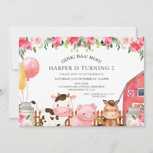 Convite Animais Florais Quentes, Rosa, Balões, Aniversário (Frente)