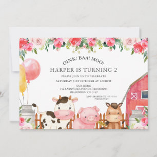 Convite Animais Florais Quentes, Rosa, Balões, Aniversário