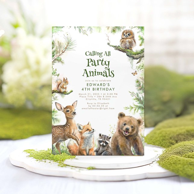 Convite Animais florestais e Aniversário de criança verde (Calling All Party Animals - Cute and Fun Woodland Animals Themed Birthday Invitations)